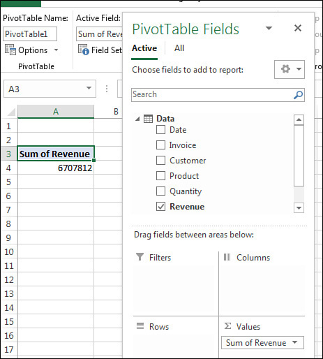 A simple pivot table with Sum Of Revenue. The list of fields has the table name at the top of the list of fields. At the very top of the PivotTable Fields list, two tabs appear: Active and All.