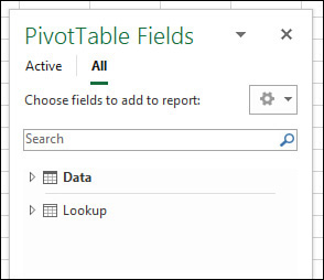 The PivotTable Fields list offers two tabs called Active and All. When you choose All, the fields from both the Data and Lookup table are shown. 