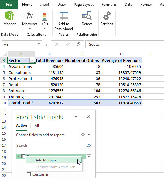 Right-click the table name in the PivotTable Fields list and choose Add Measure.