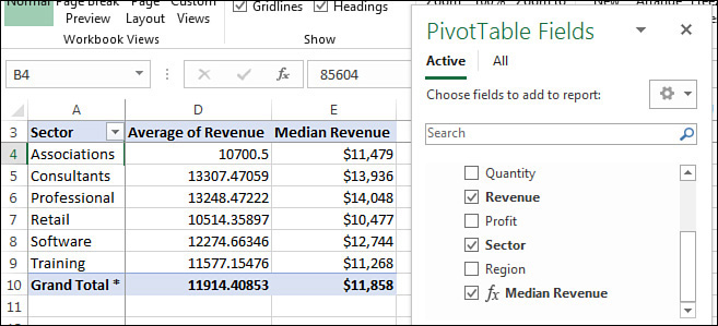 This pivot table shows an average and a median for each sector.