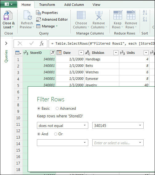 The Power Query Filter Rows dialog box offers Keep Rows Where StoreID Does Not Equal 340145.