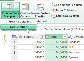 Click the heading for Date. On the Column tab of the Power Query Ribbon, open the Column From Examples drop-down menu and choose From Selection.