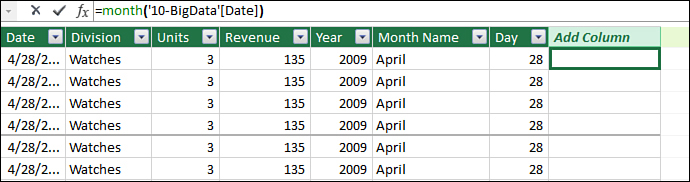 The Power Pivot grid does not use column letters. The formula will refer to the column name in square brackets.