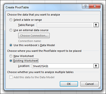 There are three ways to specify the data source in the Create PivotTable dialog box. Excel will default to Use This Workbook’s Data Model.