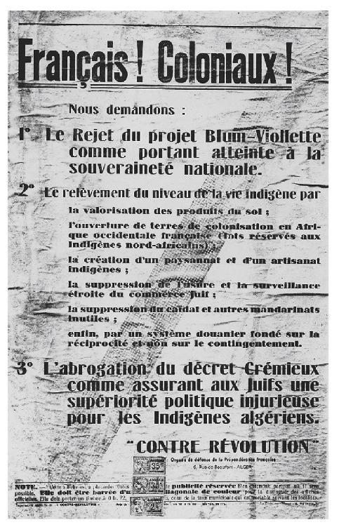 Illustration. Tract du groupe Contre Révolution, organe de défense de la Prépondérance française. Algérie, 1936. 2. Tract du groupe Contre Révolution, organe de défense de la Prépondérance française. Algérie, 1936 (© Mémorial de la Shoah).