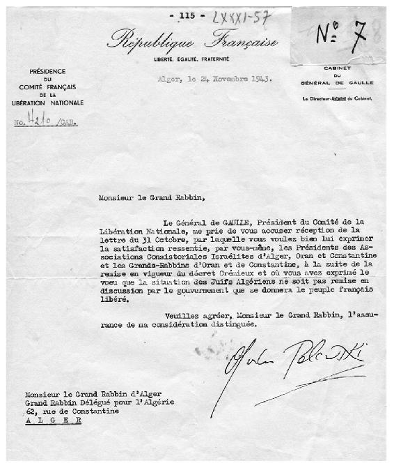 Illustration. Fac-similé de la lettre de Gaston Palewski au grand rabbin d’Alger, Maurice Eisenbeth, 2 novembre 1943. 22. Lettre de Gaston Palewski au grand rabbin d’Alger (© Mémorial de la Shoah).