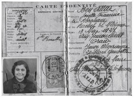 Carte d’identité de Josette Benattar, avec la mention « Juive algérienne ».  9. Carte d’identité de Josette Benattar (© Collection privée Annie et Jean-Michel Cohen).