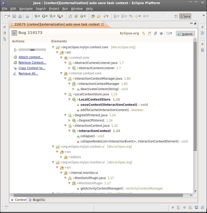 A task context attached to a change as viewed from within Mylyn