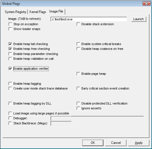 Setting image global flags with Gflags