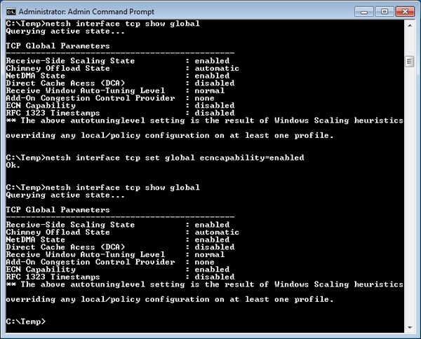 Using the network shell to examine and configure TCP parameters