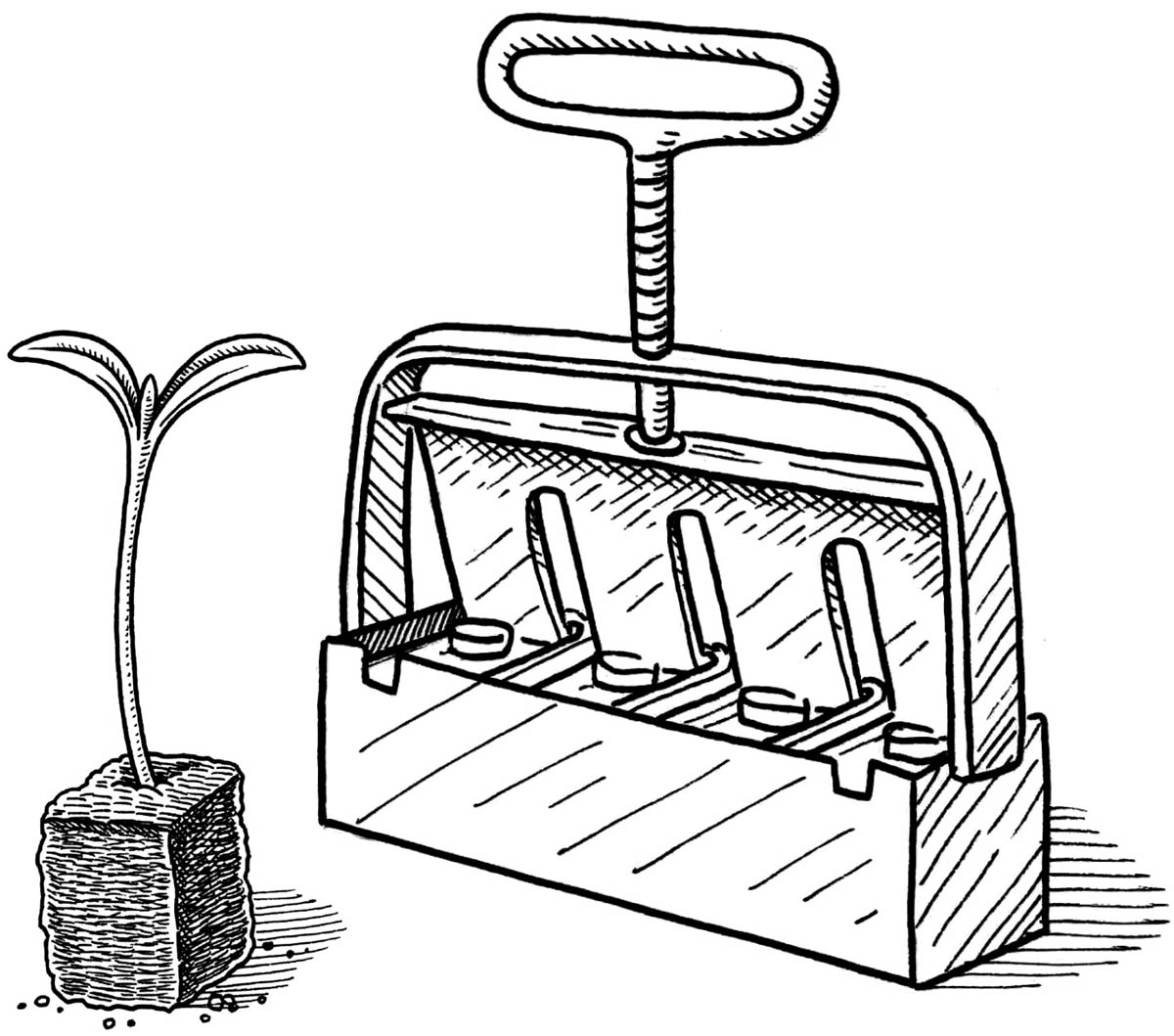 illustration of a soil blocker with a block of soil with a seedling growing out of it