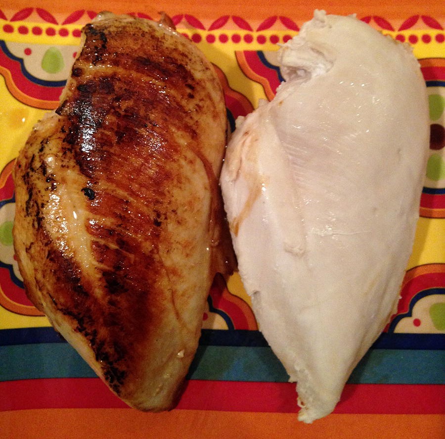 Photo displaying browned meat (left) and poached meat (right).