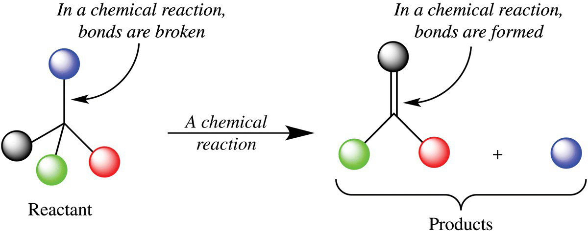 Schematic illustrating the anatomy of a chemical reaction displaying the reactant (left) and products (right).