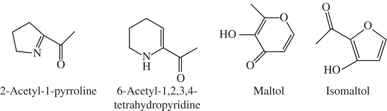 Chemical structures of aroma compounds from baked bread: 2-acetyl-1-pyrroline, 6-acetyl-1,2,3,4-tetrahydropyridine, maltol, and isomaltol.