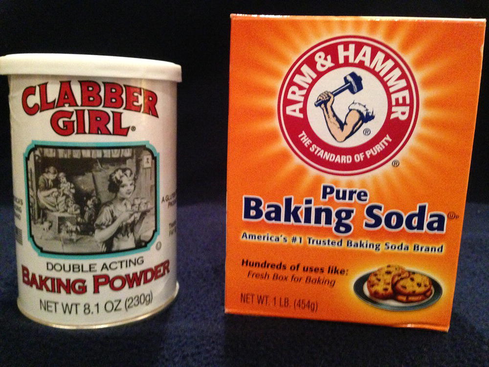 Photo of double acting baking powder and pure baking soda.