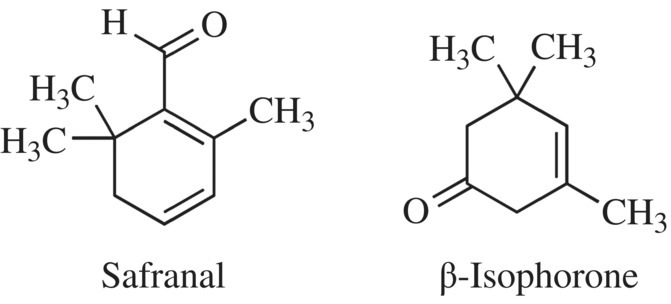 Structural formulas of safranal (left) and β-isophorone (right).