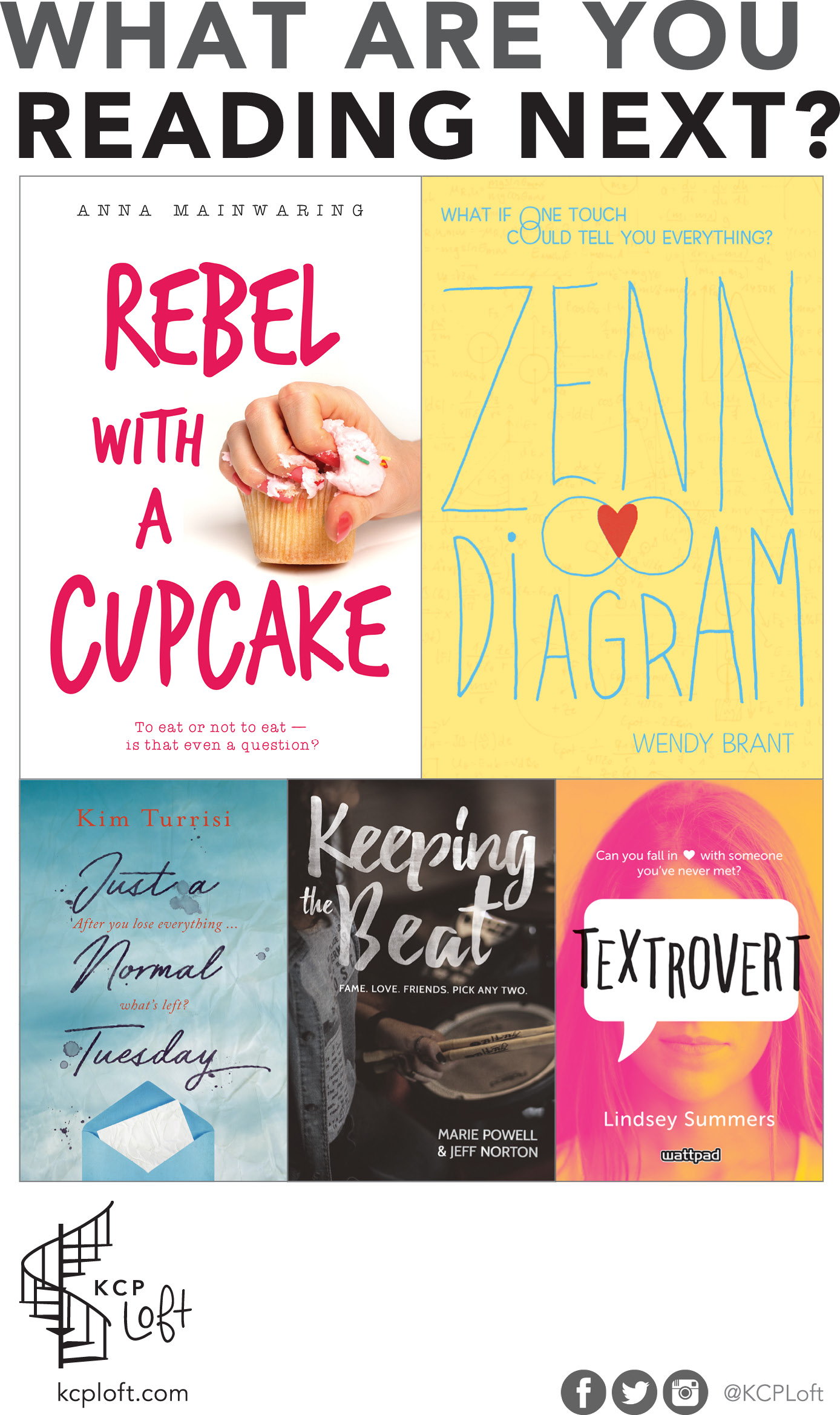 What are you reading next? Rebel with a Cupcake, Zenn Diagram, Just a Normal Tuesday, Keeping the Beat, Textrovert. kcploft.com. KCPLoft on social media.