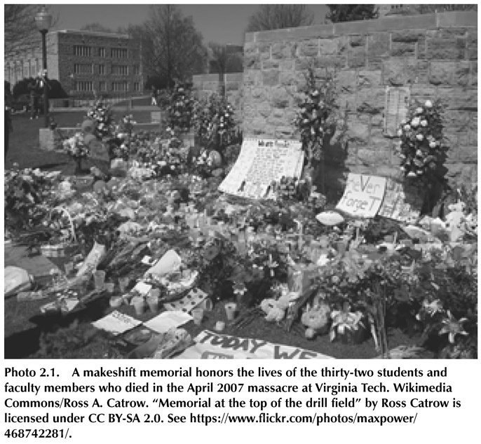 Photo 2.1. A makeshift memorial honors the lives of the thirty-two students and faculty members who died in the April 2007 massacre at Virginia Tech. Wikimedia Commons/Ross A. Catrow. “Memorial at the top of the drill field” by Ross Catrow is licensed under CC BY-SA 2.0. See https://www.flickr.com/photos/maxpower/468742281/.