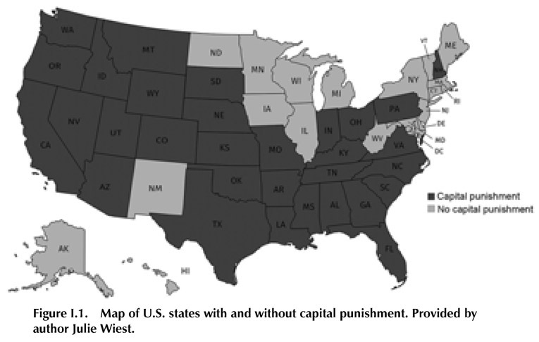 Figure I.1. Map of U.S. states with and without capital punishment. Provided by author Julie Wiest.