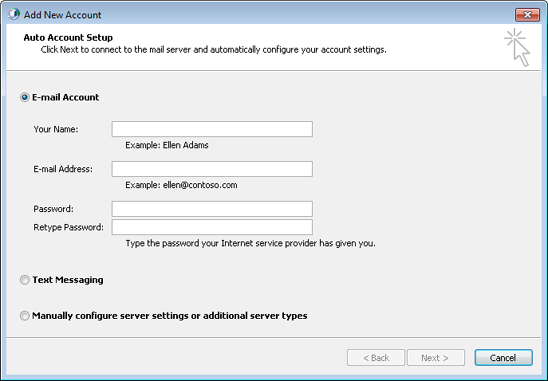 Enter the new email account information to add an account to Outlook 2010.