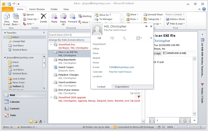 After you double-click a sender’s address in the Reading pane, Outlook displays information about the sender.