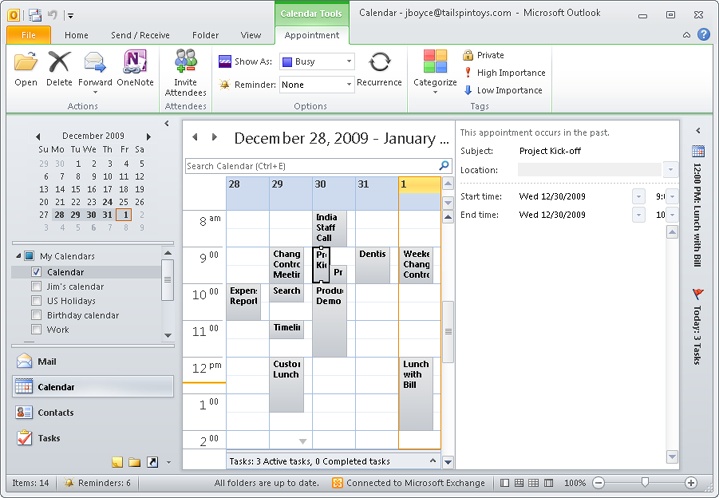 Use the Reading pane in the Calendar view to preview scheduled items.