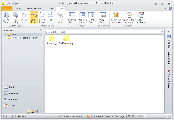 The standard Notes pane displays notes as icons.