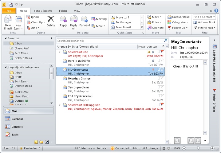 The Navigation pane provides quick access to all Outlook 2010 data and other frequently used resources and folders.