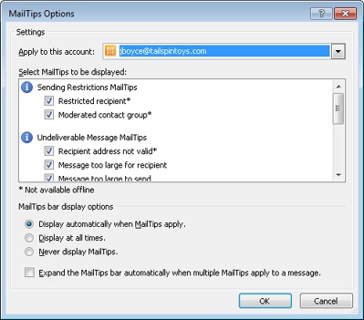 The MailTips Options dialog box.