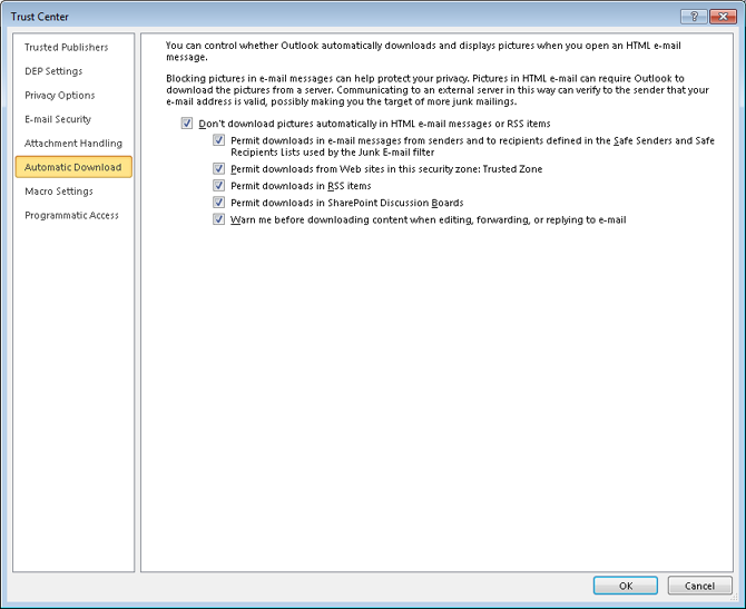 The Trust Center dialog box contains security-related settings.