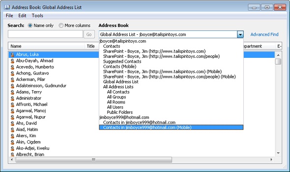 The OAB shows all Contacts folders for your profile.