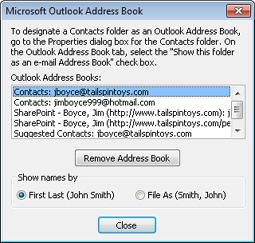 Select the display option for Outlook Address Book entries in the Microsoft Outlook Address Book dialog box.