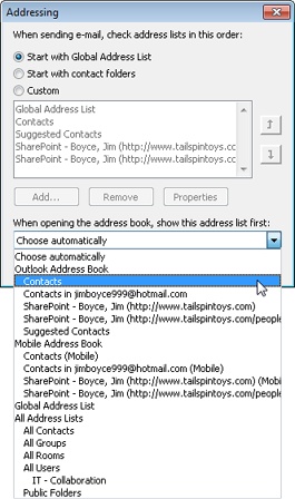 You can specify the default address list in the Addressing dialog box.