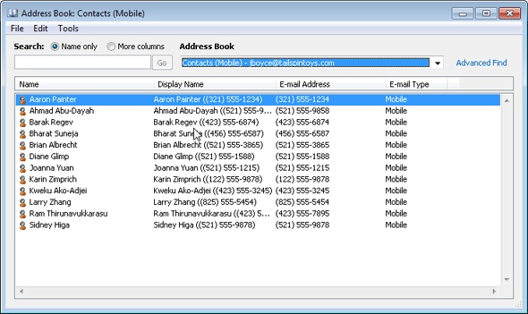 The MAB displays contacts that have entries in the Mobile contact field.