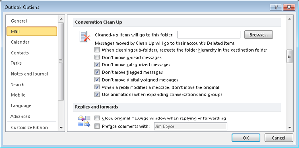 Set conversation cleanup options on the Mail page of the Outlook Options dialog box.