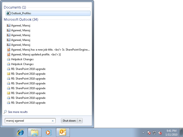 Windows 7 has returned several Outlook items related to Manoj Agarwal.