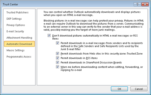 Configure Automatic Download options in the Trust Center.