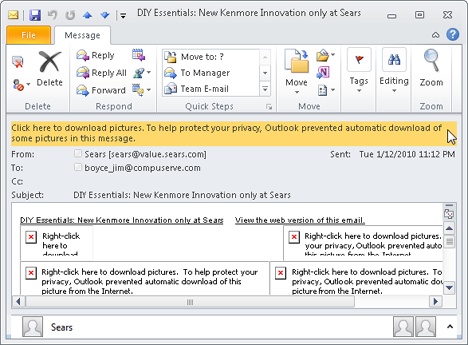 You can access blocked content when you open a message by clicking the InfoBar and selecting Download Pictures.