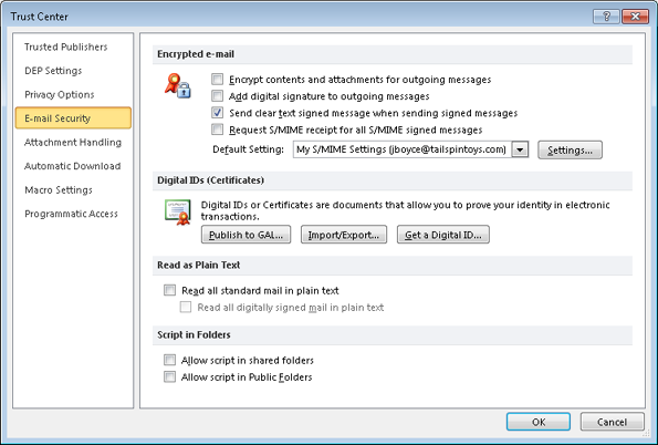 Use the E-Mail Security page of the Trust Center to configure options for digital signing and encryption.