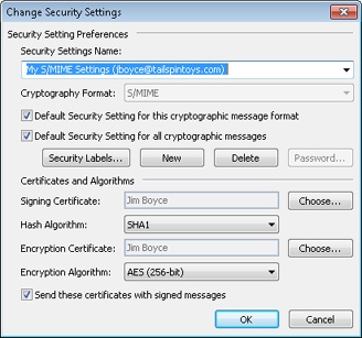 Configure your security profiles in the Change Security Settings dialog box.