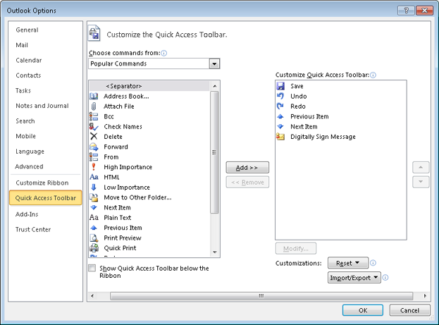 Use the Customize The Quick Access Toolbar to add the Digitally Sign Message command to the toolbar.