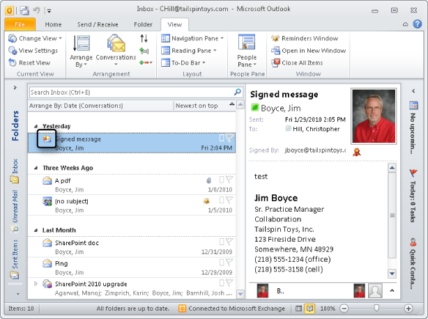 Outlook 2010 displays a different icon in the Inbox for secure messages.