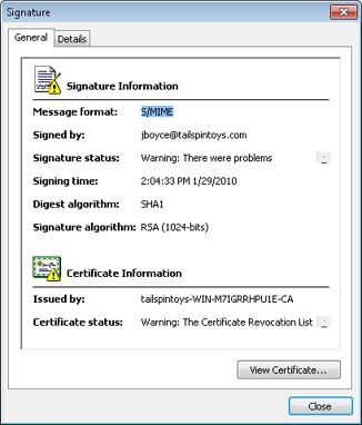 Use the Signature dialog box to view additional properties of the signature and to access the certificate.