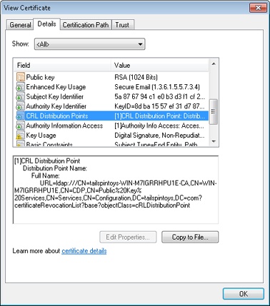 Use the Details tab to view the CRL path for the certificate.