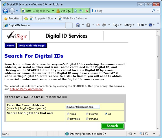 VeriSign, like other public CAs, provides a form you can use to search for and obtain public keys for certificate subscribers.