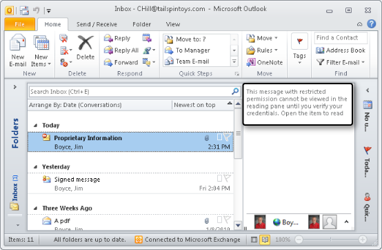 The InfoBar in the Reading pane indicates that a message is restricted.