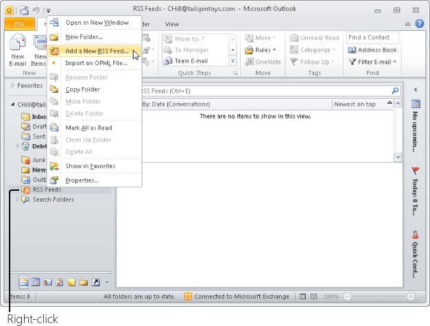 Right-click the RSS Feeds folder to begin adding a new feed.