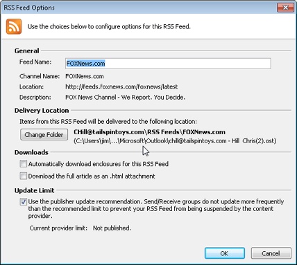 The RSS Feed Options dialog box lets you set the name, location, and update limit as well as control what is downloaded in the RSS feed.