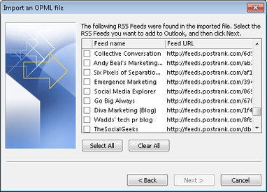 Choose the RSS feeds to import.