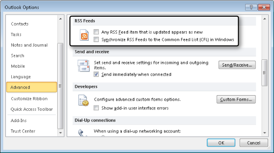 Configure the handling of RSS feed items and synchronization on the Advanced page of the Options dialog box.